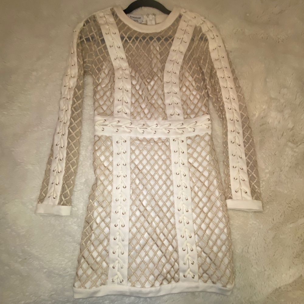 BEBE sexy long sleeve mesh dress with gold shimmer accents